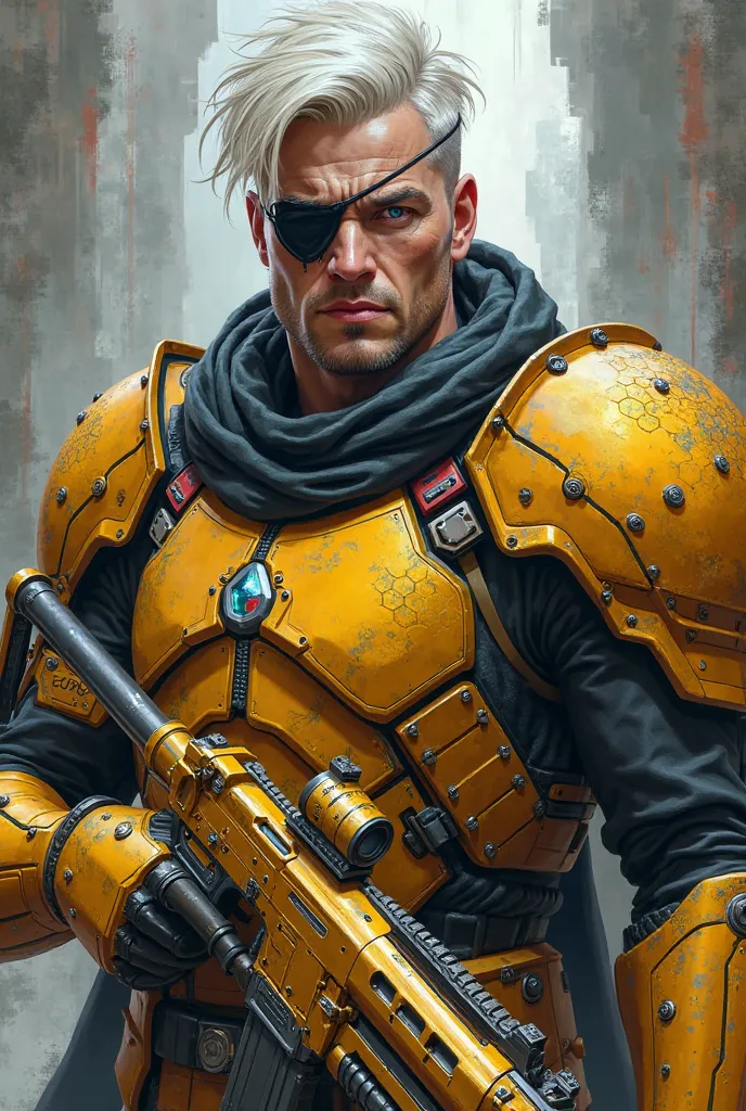 *"A highly detailed, full-body digital illustration in a semi-realistic fantasy sci-fi art style, depicting a battle-hardened male warrior with short white hair, a black eye patch covering his right eye, and sharp, determined blue eyes. His expression is i...