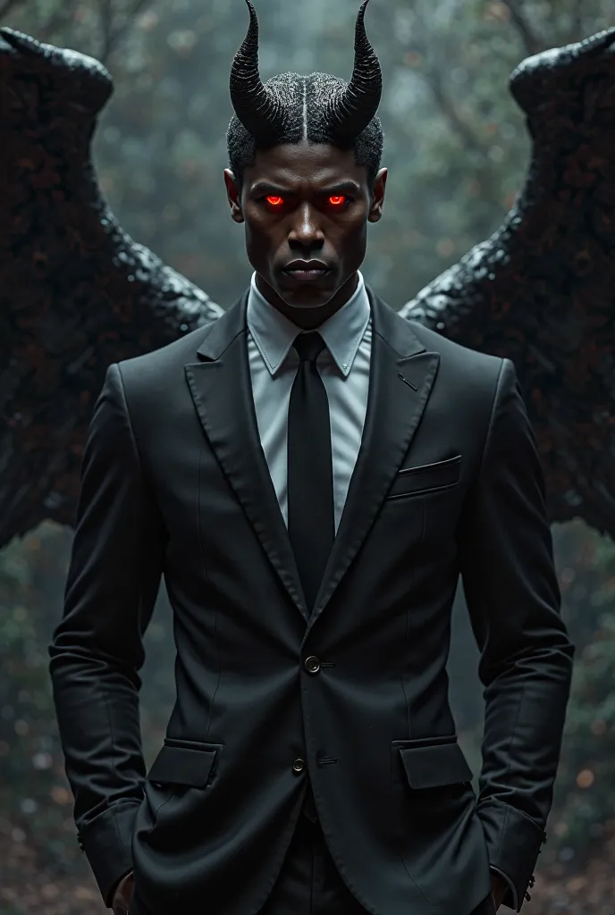 Create an image of a black man,beautiful,charming and with a malicious look. He has demonic red eyes.
 he is wearing a black SUIT. He has black angel horns and wings just like the character Lucifer