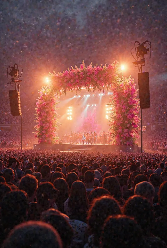 Super large concert with a stage of few flowers and a lot of people 