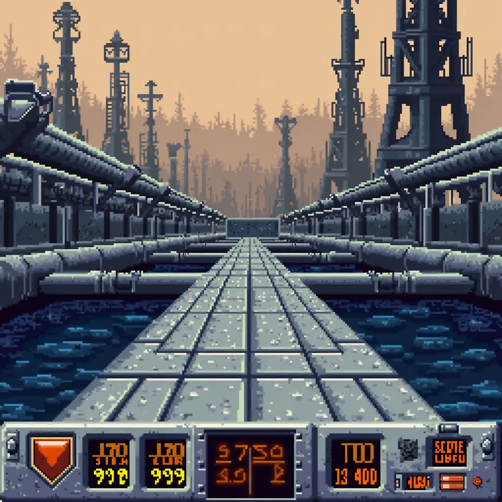 "A pixel-art screenshot from a classic 1990s first-person shooter video game, set in a futuristic industrial landscape. The scene depicts a gray, metallic walkway surrounded by deep, dark blue coolant or water channels, with a complex network of pipelines ...