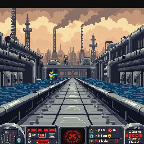 "A pixel-art screenshot from a classic 1990s first-person shooter video game, set in a futuristic industrial landscape. The scene depicts a gray, metallic walkway surrounded by deep, dark blue coolant or water channels, with a complex network of pipelines ...