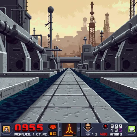 "A pixel-art screenshot from a classic 1990s first-person shooter video game, set in a futuristic industrial landscape. The scene depicts a gray, metallic walkway surrounded by deep, dark blue coolant or water channels, with a complex network of pipelines ...