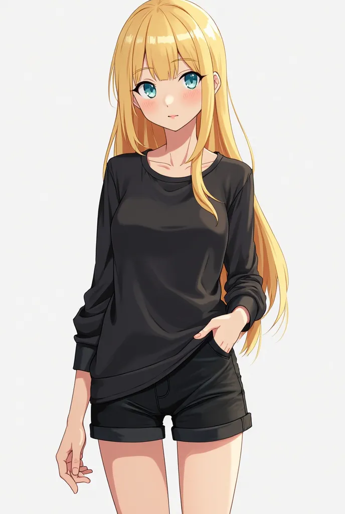 Generate an image of a blonde woman, long straight hair, light blue eyes, wear a black t-shirt with long sleeves and black shorts, you can see her full body, Make it look like the animation of MAPPA STUDIOS.