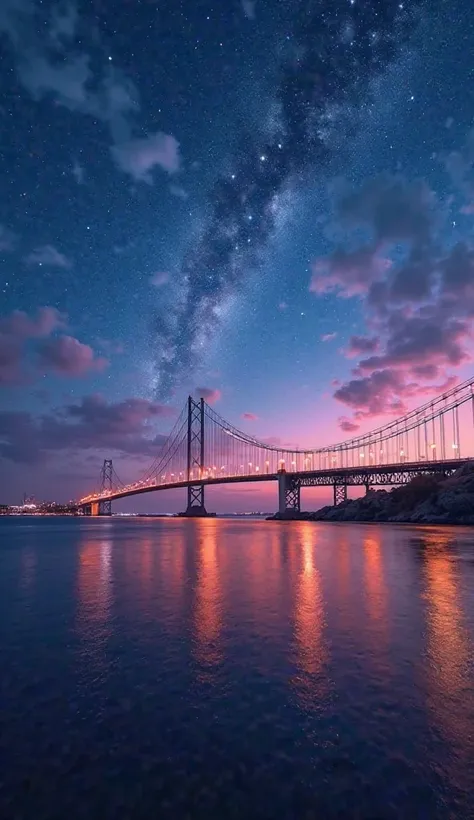 Horizontal view of a bridge with lights on the sides. lua minguante no céu e estrelas.lua.vivid colors. Realistic.