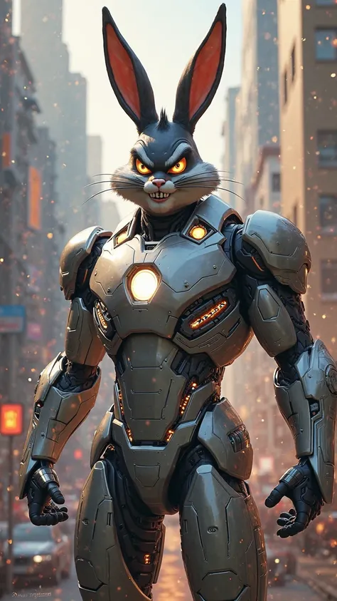 A hybrid hero that mixes Bugs Bunny with Iron Man, With an angry face