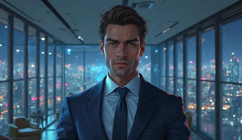 Create a photorealistic digital painting of a confident, sophisticated man with neatly styled medium-length hair and piercing eyes. He wears a tailored navy-blue suit paired with a crisp white shirt. He stands in a modern office lobby featuring floor-to-ce...