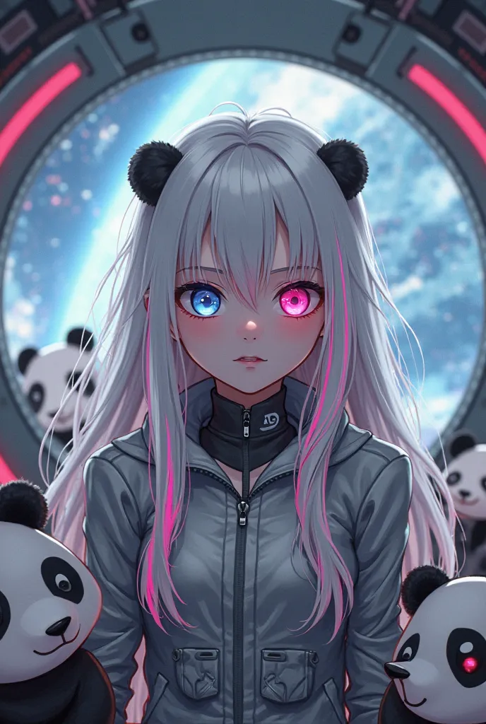 High quality image showing white girl with long white hair with pink underlines, heterochromatic eyes (that is one eyeball blue and the other pink), that love animals(pandas)! Show her inside a control room of a spaceship or rocket with pandas around her 