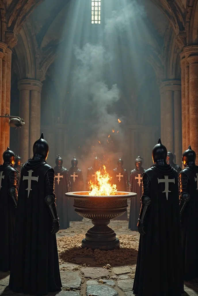 Knights in black armor with a white (((White Maltese cross))) As a symbol, Do a ritual around a huge brazier.