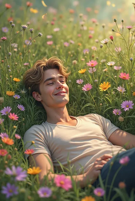 Happy gray-eyed guero man lying among field flowers barefoot 