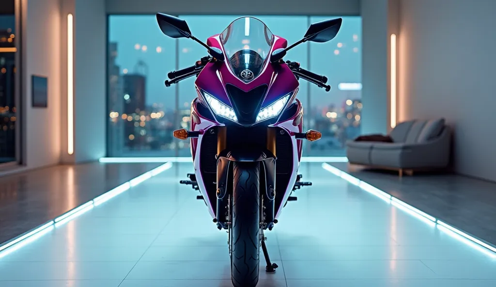 A stunning 2025  Yamaha R15 V5 motorcycle stands proudly in a sleek, modern showroom. The front view showcases the sleek handlebars, distinctive frame design, and intricate details of the front wheel and brake system. The bike's vibrant  color contrasts wi...