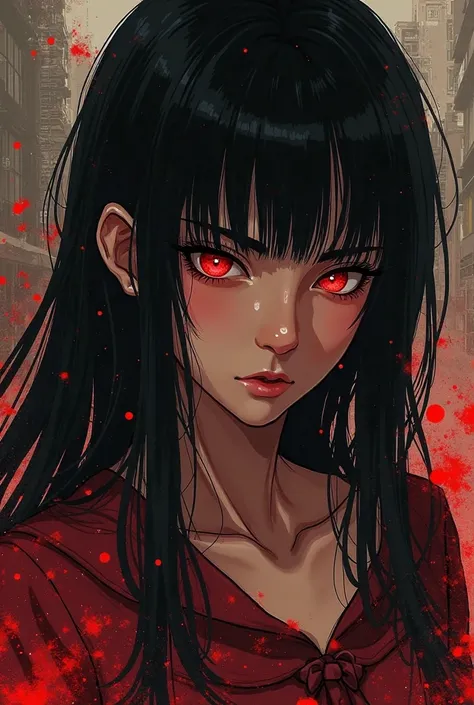 A girl in manga style she looks cold has black straight hair and brown skin has red eyes and blood ability’s 