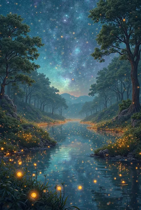 A magical landscape with a pond reflecting a starry sky different from the real one, surrounded by thousands of fireflies that float like small golden lights.