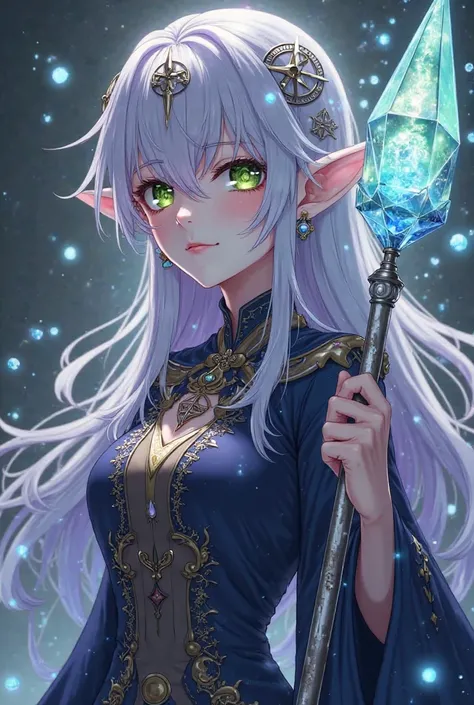 Nanatzu no Taizai style: a wizard elf with a mystical and elegant presence. Her hair is a silver shade with lavender reflections,  falling in soft waves up to her waist . Her eyes shine with a deep emerald hue, reflecting her connection to ancient magic. H...