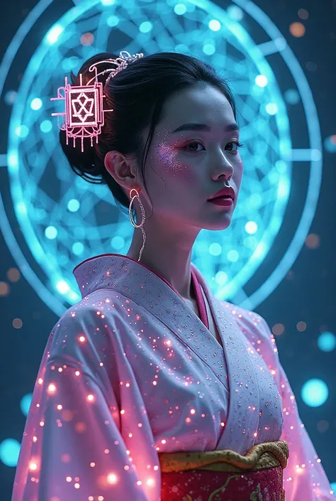 A futuristic geisha with a holographic kimono that reflects geometric neon patterns. Your face is delicate, but displays light circuits as if it were a fusion between technology and spirituality. Behind her, a floating structure of sacred symbols shines in...