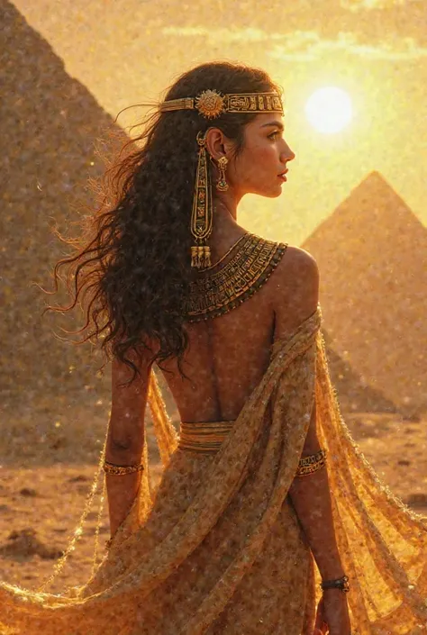 Sexy Egyptian goddess under the sun with pyramids in the background and with Egyptian hierogrifics