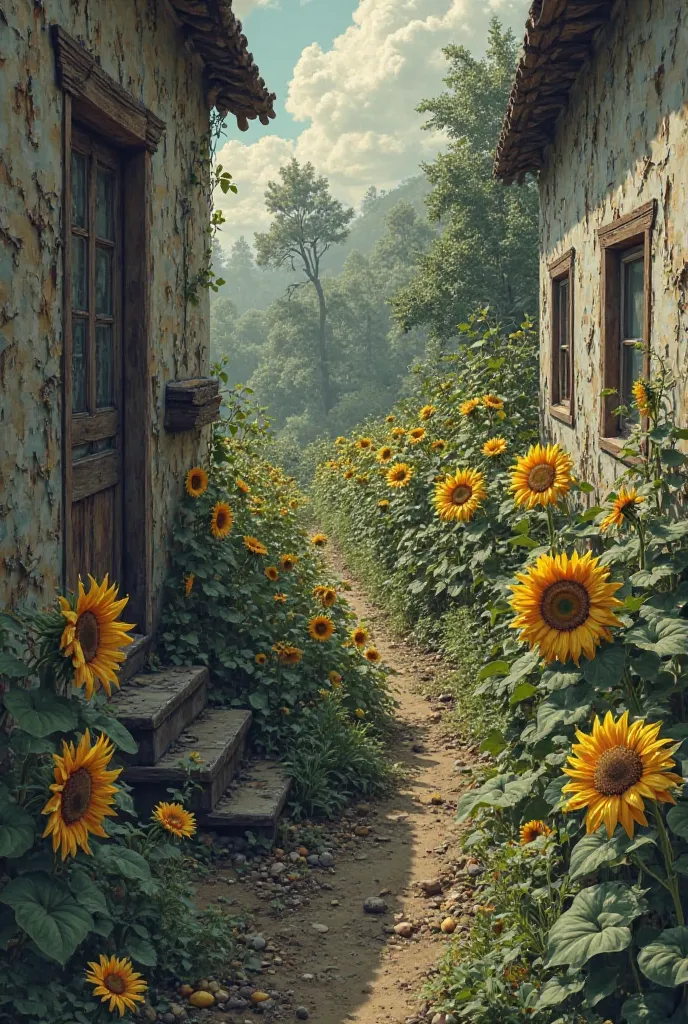 Create a garden on the edge of a house, this garden looks wilted, Sunflowers predominate