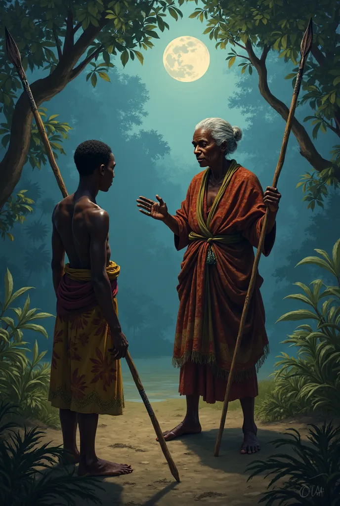 The old  African black woman training kenechukwu in the village forest at night, showing him how to throw the spear with precision with passion 