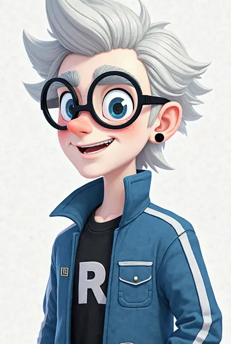 I want you to create a character in the cartoon style in which he is:
 White ,there are round black glasses on the face,There are earrings on both ears,wears a striped blue jacket with a pocket on his left chest and has a black shirt with an R in the middl...