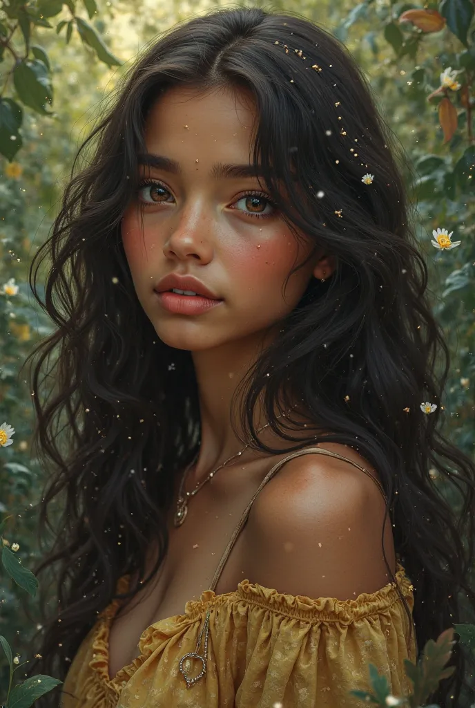 Create a Brazilian with long hair and brown eyes, Young, fantasy style