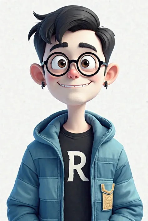 I want you to create a character in the cartoon style in which he is:
 White ,there are round black glasses on the face,There are earrings on both ears,wears a striped blue jacket with a pocket on his left chest and has a black shirt with an R in the middl...