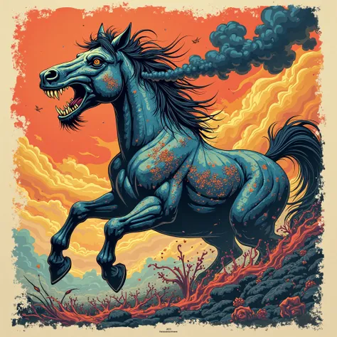 NFT 3d woodcut colorful wild war horse 
 Angry giant pouring smoke out of its mouth flashy