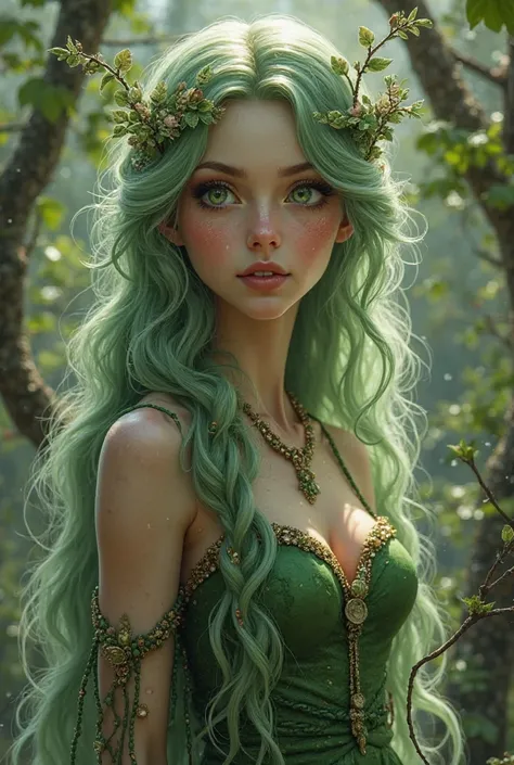 forest fairy, Water green hair and green eyes, light tan skin, She is a forest wizard whose weapon is a rose whip, And her animal that always accompanies her is a dibelula, her hair is long and in the middle of her hair she has a braid 