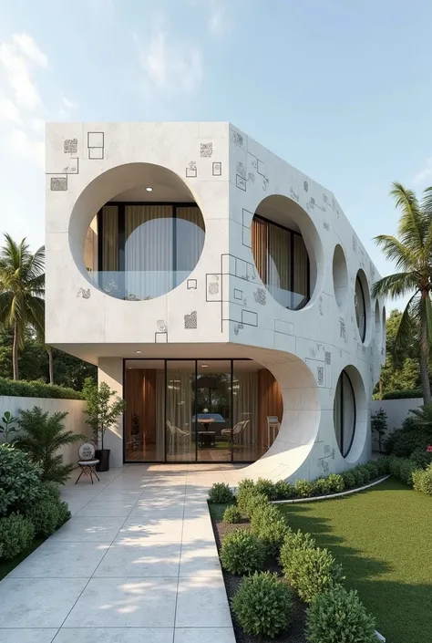 Futuristic , house no level   ,use  whiteFly ash Cement Blocks,  on  facades. The design includes  decorative printed design and circle facade stylish , and , enhanced by green landscaping . The entrance is marked by a stylish  pathway, leading to a well-m...