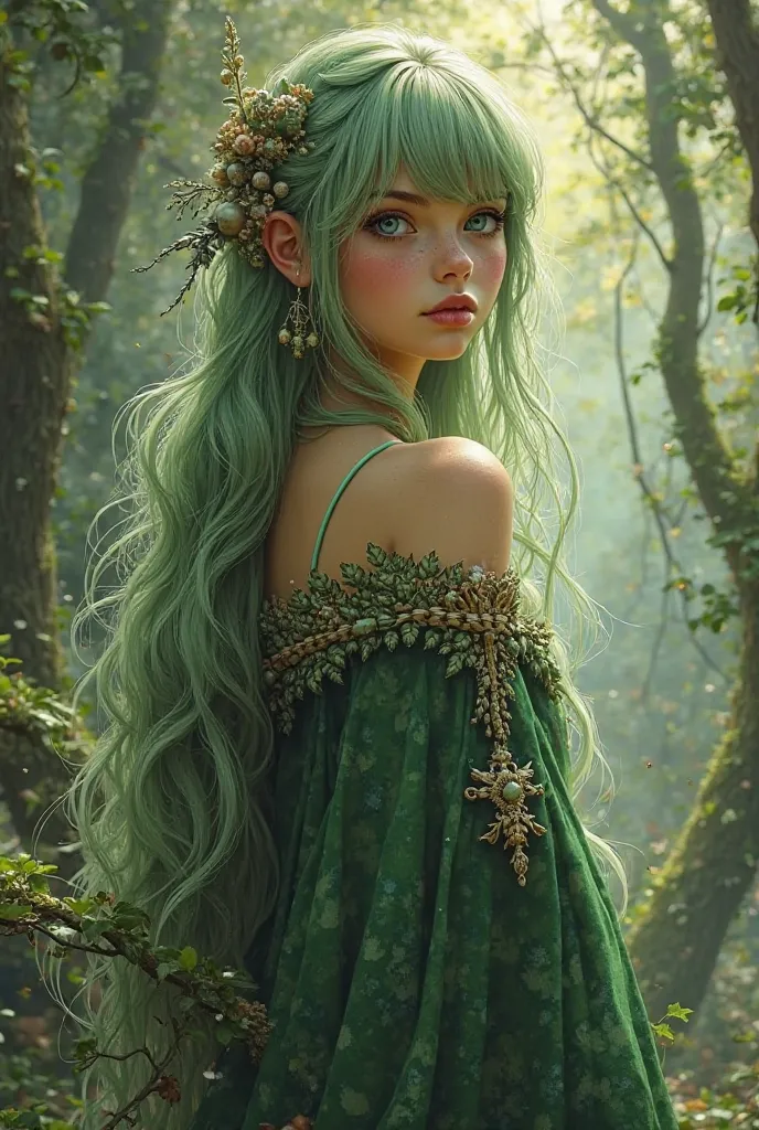 forest fairy, Water green hair and green eyes, light tan skin, She is a forest wizard whose weapon is a rose whip, And her animal that always accompanies her is a dibelula, her hair is long and in the middle of her hair she has a braid 