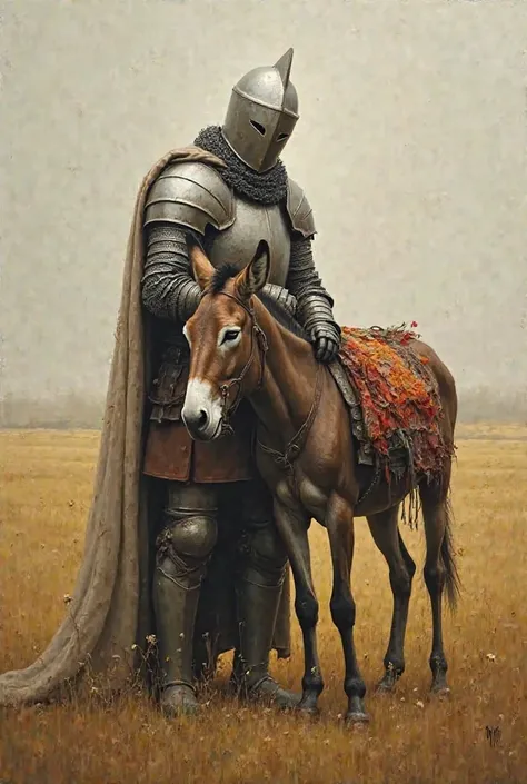 Oil painting, a knight in heavy steel armor with a closed helmet covered in blood hugs an old donkey with old and torn fabrics on his back, a field, perhaps a village, grayish-yellow, brown tones, minimalism