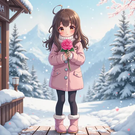 A 4K portrait of an anime-style young girl standing tall amidst a serene snowy landscape. At the top the sign that says "ADIBA” The girl has cascading brown hair, brown eyes , and soft pink lips. She is dressed in a cozy light pink wool coat with silver cr...