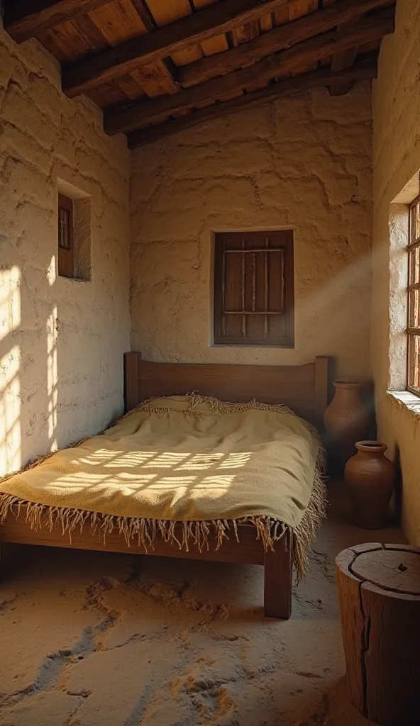 Ultra-realistic first-person video in "point of view" (POV) style, capturing the moment a man wakes up in his rustic room in Jerusalem at the time of Jesus. he looks to his bare feet rest on a simple straw bed covered by a worn, yellowed linen cloth. Soft ...