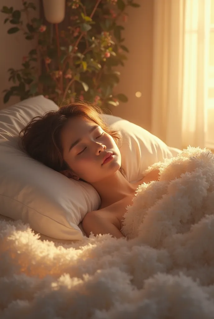 
> A peaceful person sleeping in a cozy bed, with warm golden light gently shining through the window, symbolizing restful sleep and divine restoration.
