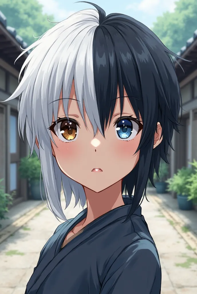 anime, white and black hair splitted from the middle, eyes brown and blue, boy, background in the school