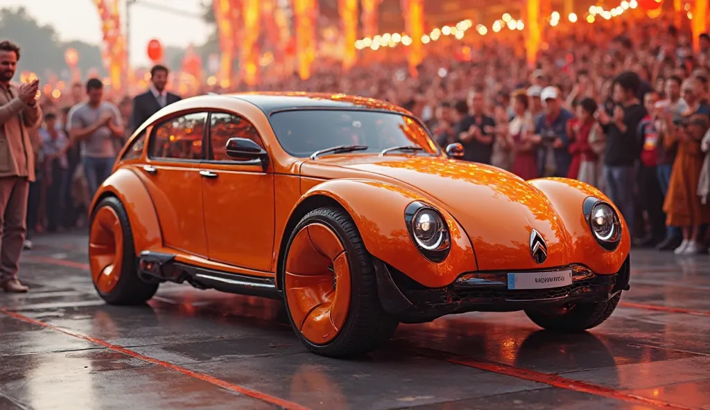 Image a Citroën 2CV in 2025 opening ceremony crowds clapping orange colour and in showroom 