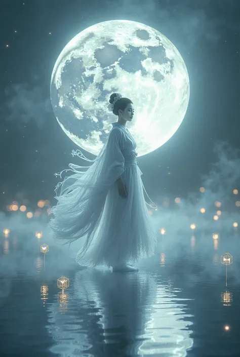 A geisha translucent like an ancient spirit, wearing a kimono made of silver mist that dissolves in air. She walks on a mirrored lake that reflects a gigantic moon filled with sacred geometric patterns.  Her serene face conveys peace , and your hands draw ...