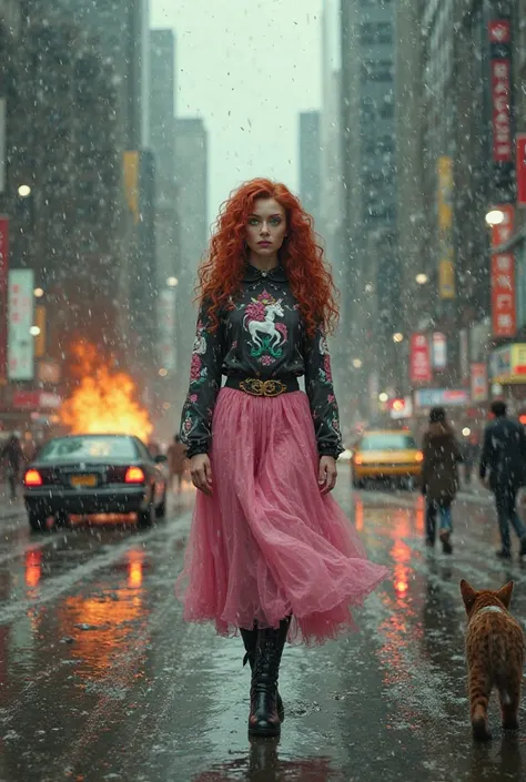 In New York it's raining people running cars on fire little green eyes long red hair curly pink skirt black unicorn blouse and shoes and a cat 