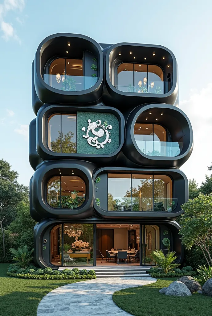 Futuristic , a 6 level building   ,use space green and jet black pain ,  on  facades. The design includes  decorative printed design and circle facade stylish , and , enhanced by green landscaping . The entrance is marked by a stylish  pathway, leading to ...