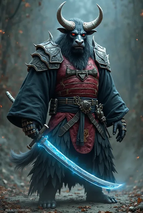 A brown minotaur without one horn, with red eyes and a black kimono. On top of the kimono are red armor without helmet and a giant odati with a ghostly blue glow.