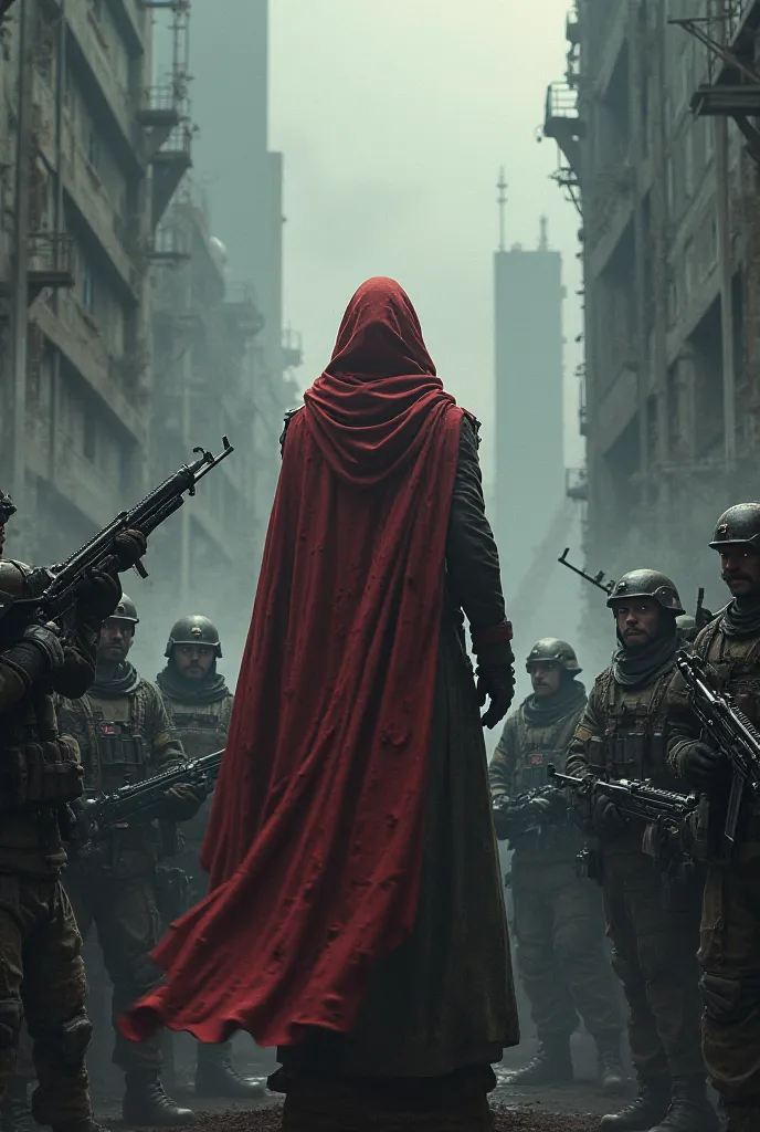 Soldiers with automatic machine guns shoot red-hooded man in a tower