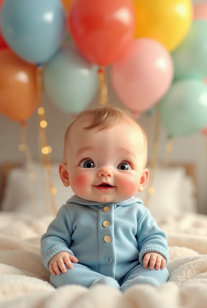 A nine month old baby boy wearing sky blue clothes sitting in bed surrounded by colorful balloons forming the number nine 