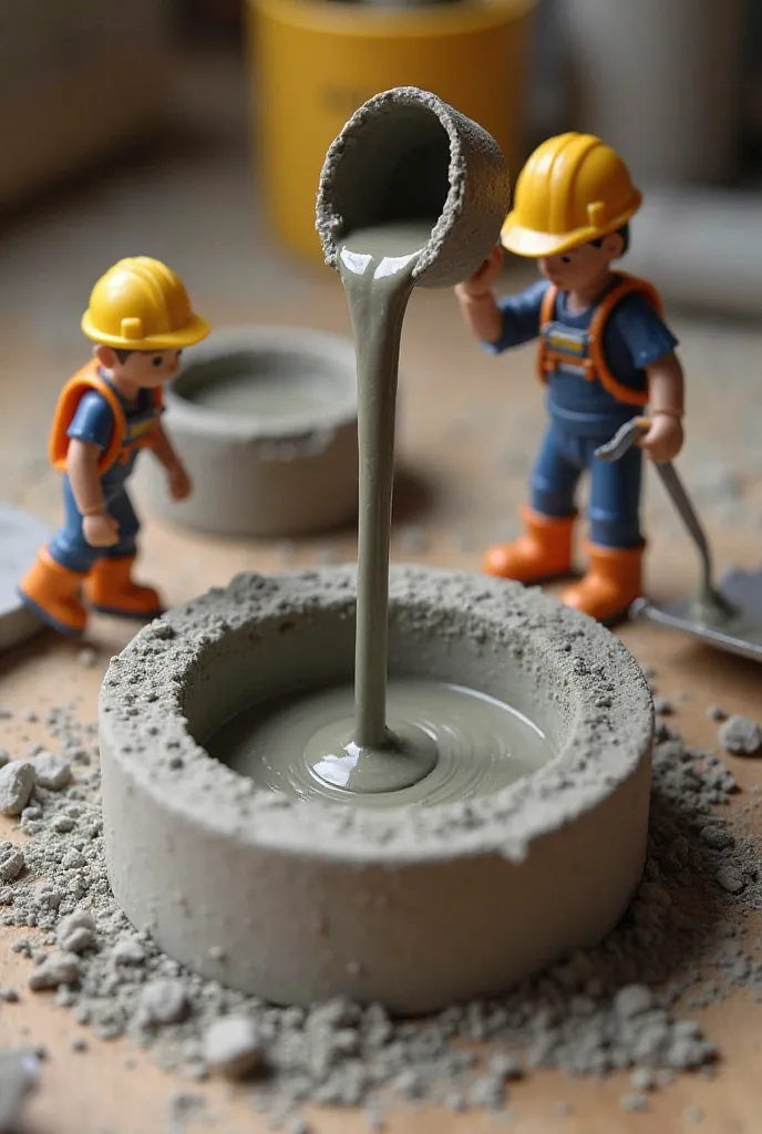 Tiny construction workers pouring liquid concrete into a large silicone mold. One figure is holding a tiny bucket, another is smoothing the surface with a mini trowel. The background has a realistic workbench with concrete crafting tools.”