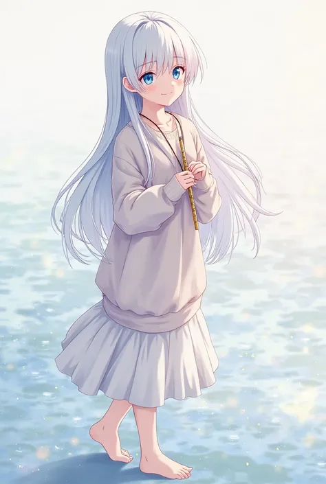 "A full-body anime girl with long, silky white hair styled like Sleepy Mita from Miside, with soft strands framing her face. She has striking blue eyes and a neutral expression. She wears an oversized pastel sweater with long sleeves and a flowing ankle-le...