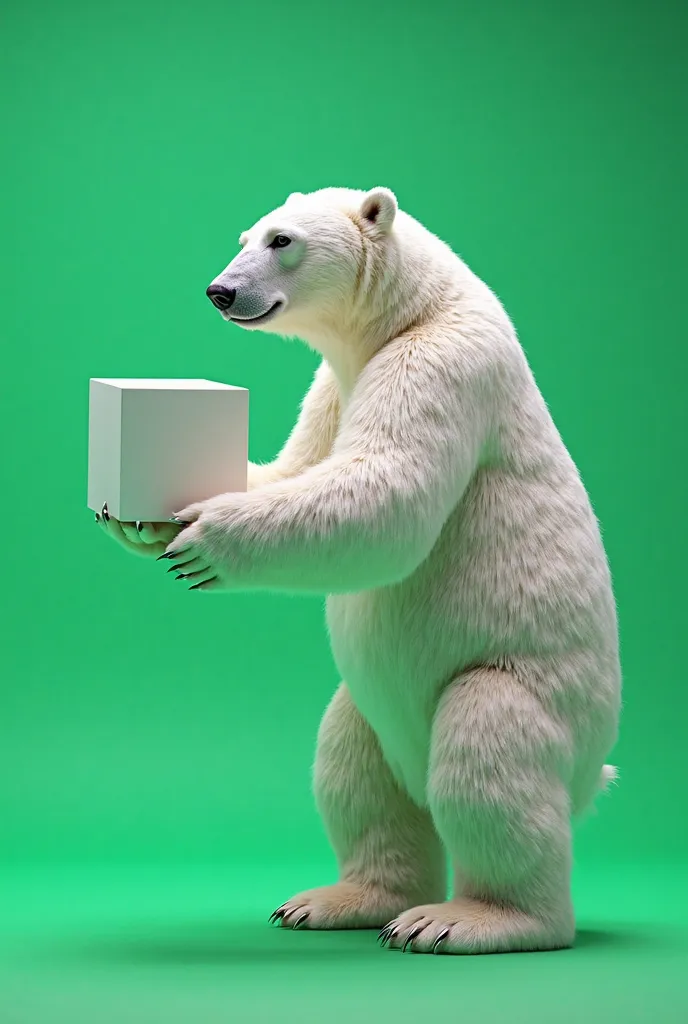 Adult polar bear image standing in profile holding a 3D box green chroma background