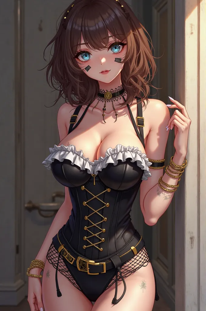 
A woman anime version has a striking and elegant style with a gothic and burlesque air.  Her outfit is provocative and detailed , with a black corset decorated with white ruffles and straps that accentuate her figure.A short black skirt accompanied by the...