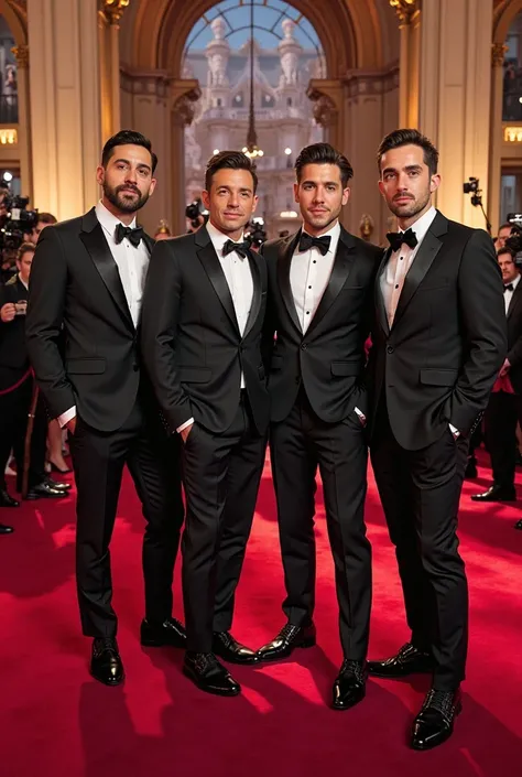 These four men from the band Reversiv are on the red carpet at the Oscars, Full of photographers, create this image