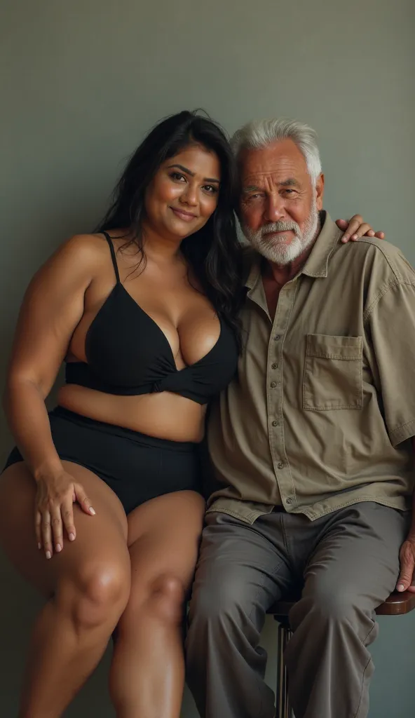 A Indian plus size women wears a black shorts cleavage showing on chair open legs sitting with a white hair old man 8k photo