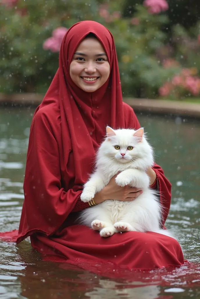 There is a woman in a Muslim veil wearing a red dress sitting in a flower garden in a beautiful fountain with a sweet smile looking forward very clearly while holding a beautiful, gemoy white angora cat 