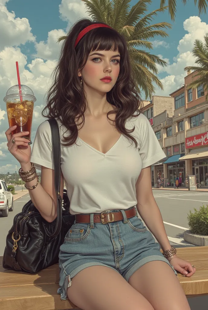 lively girl with a ice coffee and a handbag, she wears a white v-neck t-shirt and mini jeans shorts, mysterious girl, frontline girls, fine details. frontline girls, big breasts, large breasts, fit body, hourglass figure, wide hips, beautiful female, thick...