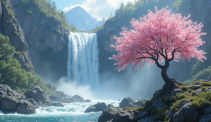 Best Quality、In an image of the majestic rocky waterfall flow、There is one cherry tree