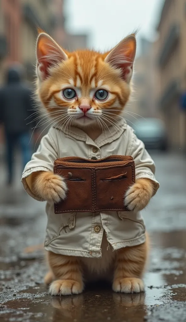 A small, adorable orange tabby kitten stands on a wet, urban street with old buildings in the background. The kitten has a sad expression, slightly droopy eyes, and wears a torn white shirt with multiple holes. It holds an empty, worn-out brown wallet open...